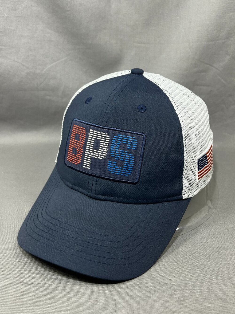 Bass Pro Shops Youth Trucker Hat Navy Blue Fishing Mesh USA Flag Stretch Fit Cap